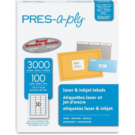 Pres-A-Ply Label, Lsr/Inkjet, 2-5/8X1, We AVE30600